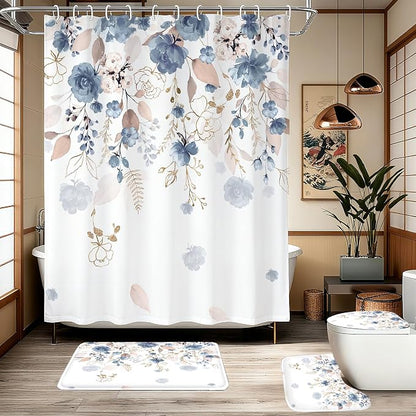 16 Pcs Blue Floral Flower Shower Curtain set, 72Wx72H Inch Watercolor Pastel Plant Complete Bathroom Set Non-Slip Bath Rug Toilet Lid Cover and U Shape Mat Accessories 12 free Hooks Bathoom Decor
