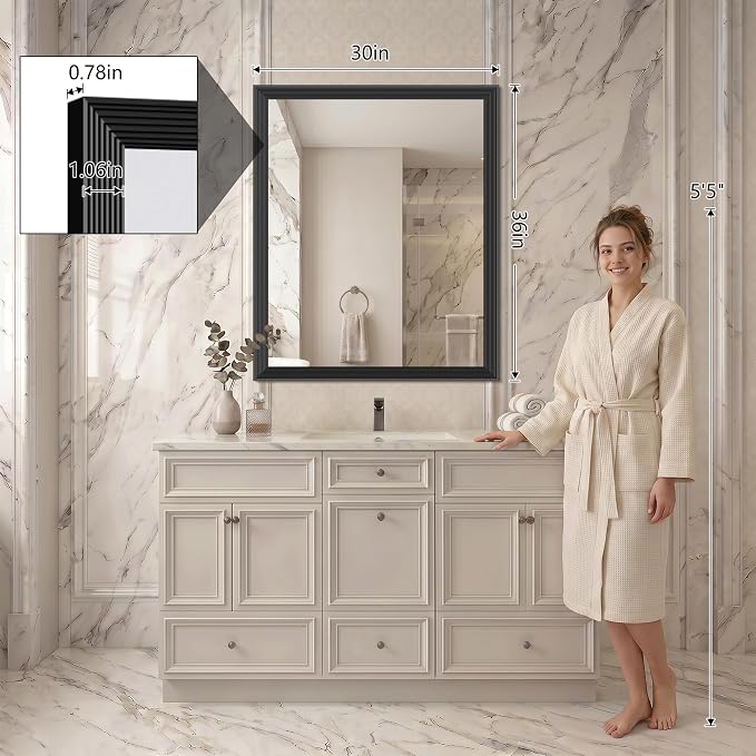 DESBING 30x36 inch Black Bathroom Mirror,Decorative Wall Mirror for Bedroom Living Room Dressing Room-Modern Rectangle Bathroom Wall Mirror,Tempered Glass, Hangs Horizontally or Vertically