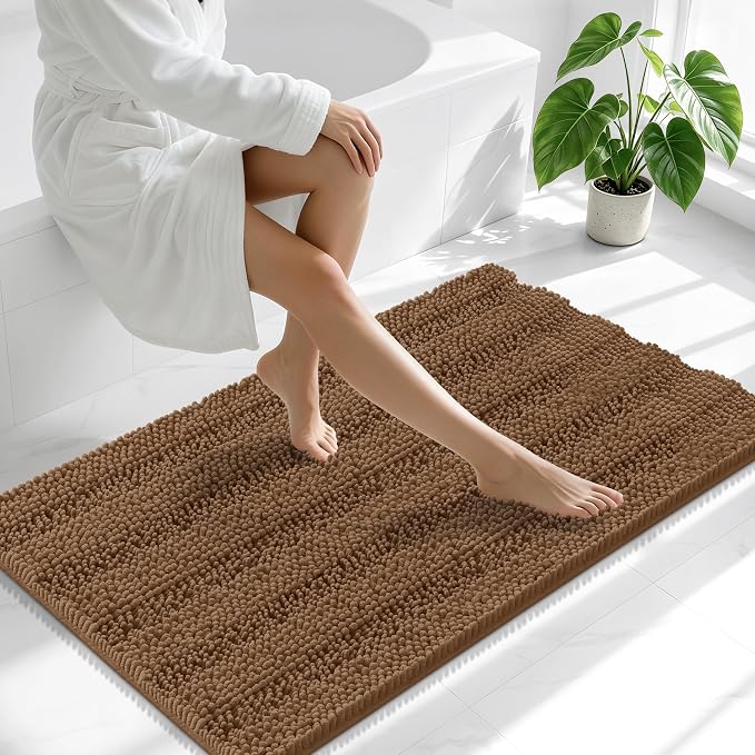 Smiry Thick Chenille Bathroom Runner Rugs 44x24, Absorbent Bath Mat, Mocha | Quick‑Dry & Machine Washable, Non‑Slip Bath Carpet, Soft Striped Bath Rugs for Tub & Shower, Modern Home Decor Accessories