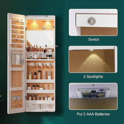 HNEBC Over the Door Jewelry Organizer with LED Lights, 47.2" Full Length Mirror with Storage, Wall Mounted Jewelry Armoire, Hanging Mirror with 2 Drawers,Lokable,3 Shelves-White