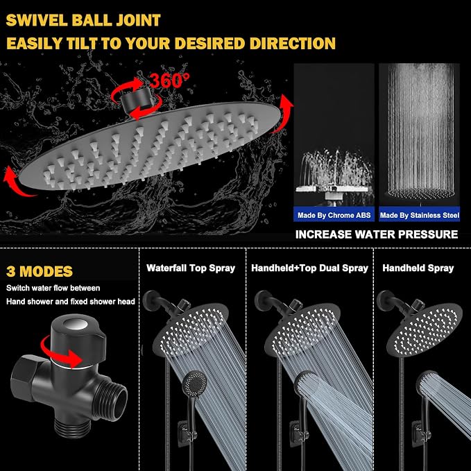 NearMoon Shower Head with Hose, High-Pressure Stainless Steel 8'' Rain Shower and 5 Settings Handheld Spray Combo with Push Button Flow Control for Easy Operation (Matte Black)