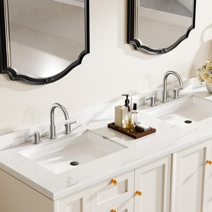 FORIOUS Bathroom Faucet 3 Hole, 360° Swivel 8" Sink Faucet Brushed Nickel | with Pop Up Drain, 2 Handles,for Sink Vanity RV Lavatory Farmhouse, 304 Stainless Steel, Lead-free, Leakproof