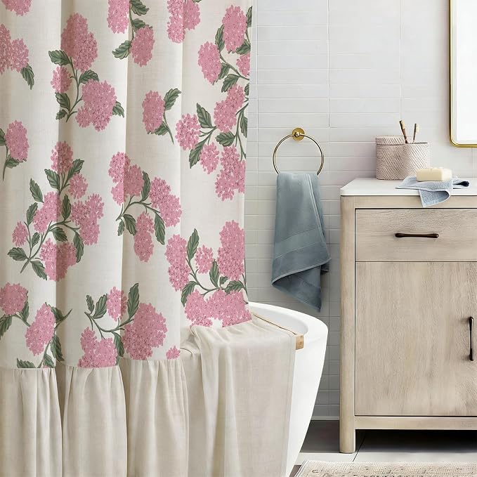 ORTIGIA Linen Textured Ruffle Shower Curtain with Metal Hooks, Vintage Pink Hydrangea Floral Boho Waterproof Bath Curtain for Rustic Farmhouse Bathroom Decor 72x72 Inch