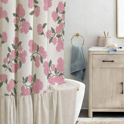 ORTIGIA Linen Textured Ruffle Shower Curtain with Metal Hooks, Vintage Pink Hydrangea Floral Boho Waterproof Bath Curtain for Rustic Farmhouse Bathroom Decor 72x72 Inch