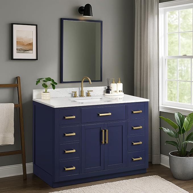 48-inch Bathroom Vanity with Sink, Solid Wood, 0.79-inch Stone Countertop and Backsplash, 9 Drawers, 2 Soft Closing Doors -Royal Blue