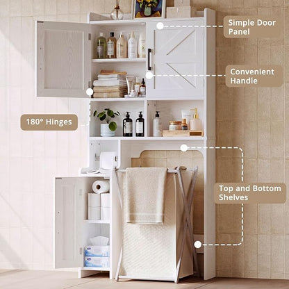 IRONCK 67 in Over The Toilet Storage Cabinet with Adjustable Shelves White | waterproof; side cabinet; toilet paper holder; anti-tip stable frame; bathroom laundry room; barn door farmhouse decor