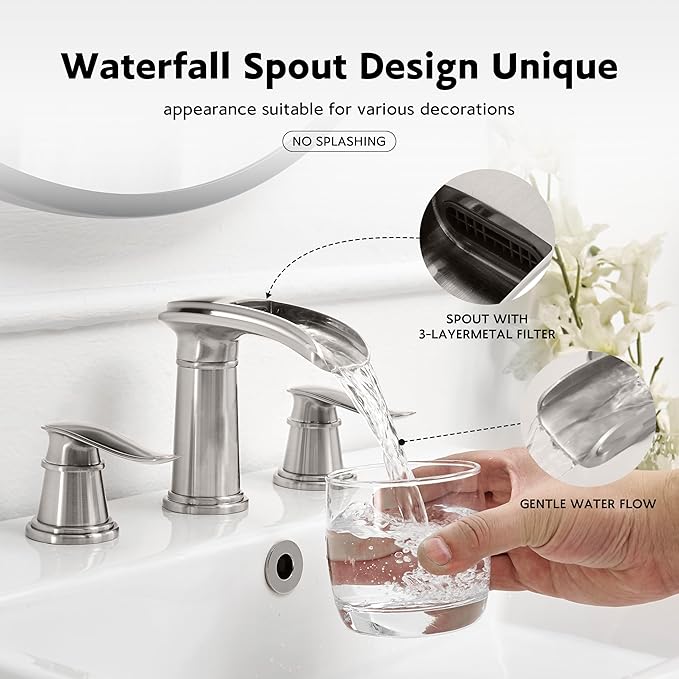 BWE Waterfall Bathroom Faucet, Brushed Nickel 8 Inch Widespread Bathroom Sink Faucet Two-Handle with Pop-up Drain, for Vanity, Lavatory Sink