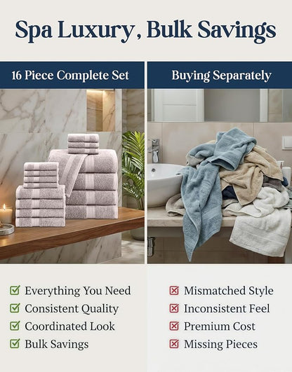 LANE LINEN Bath Towel Set 100% Cotton 16 Piece Soft Absorbent - Platinum | Cotton Towel Set - Densely Woven & Soft, Easy-Care, Coordinated Colors, OEKO-TEX Certified, Ring-Spun Durability