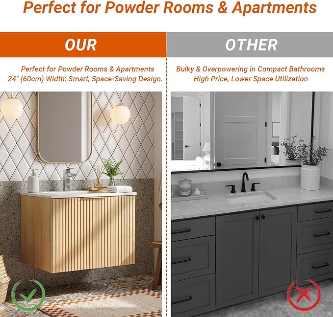 24 Inch Bathroom Vanity with Sink, Wall Mounted Floating Cabinet with Ceramic Basin, Waterproof Engineered Wood for Powder Room & Small Bathroom