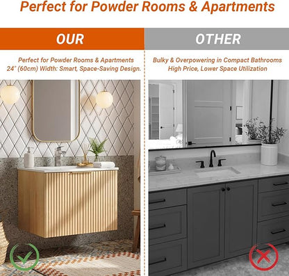 24 Inch Bathroom Vanity with Sink, Wall Mounted Floating Cabinet with Ceramic Basin, Waterproof Engineered Wood for Powder Room & Small Bathroom