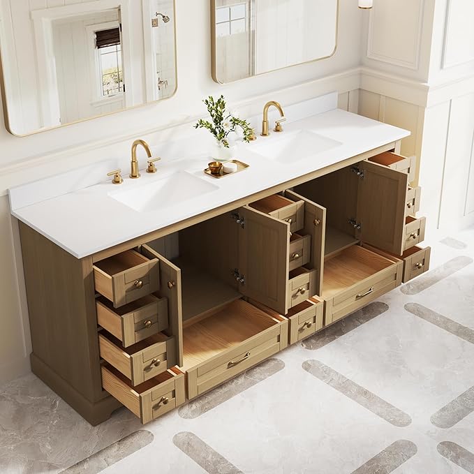 WELLFOR 84 Inch Bathroom Vanity with Double Sinks, Bathroom Freestanding Vanity W/4 Soft-Close Doors and 14 Drawers, Large Storage Space Vanity, Cultured Marble Countertop Vanities (Oak)