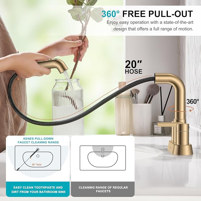 Champagne Bronze Pull Down Centerset Bathroom Faucet 3 Hole 2 Handle | Pull Out Bathroom Faucet with Pop Up Drain & Supply Lines, Lead-Free cUPC & NSF Certified, 4 Inch Faucet for Vanity RV Sink
