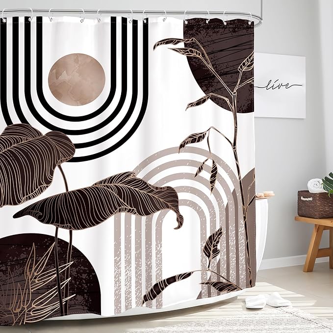 Glawry Black and Brown 60Wx72L Inches Shower Curtain Boho Mid Century Modern Minimalist Aethetic Black and Gray Palm Leaf Bath Accessories Art Home Decor Fabric 12 Pack Hook