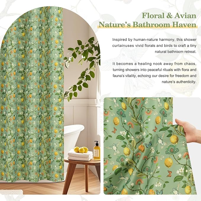 Green Floral Bird Shower Curtain, Hummingbird and Lemon Botanical Fabric Bath Curtains, Lightweight Quick-Dry Bathroom Shower Curtain Set with Hooks