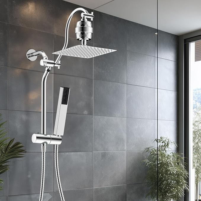 Hibbent 10'' Filtered Shower Head with 4-mode Handheld Shower Spray, Chrome | High Pressure Showerhead Combo, 12'' Adjustable Extension Arm, Shower Filter, Extension Bar, Easy Reach Holder, 71'' Hose