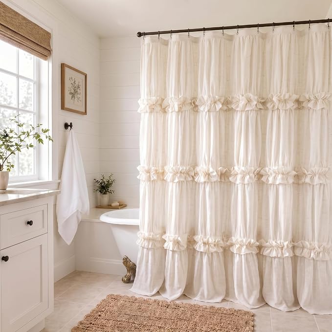 Boho Ruffle Farmhouse Fall Linen Shower Curtain Vintage Cream 72" W x 72" H | Fall Linen Blend Fabric, Ruffle Bow and Ruffled Hem，Linen Texture，Machine Washable，12 Metal Holes and Plastic Hooks