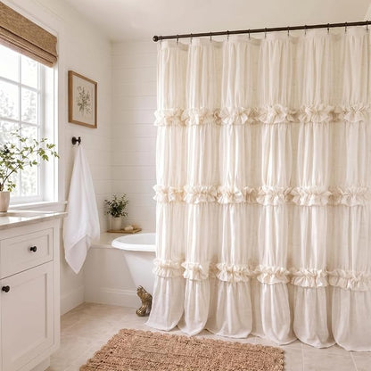 Boho Ruffle Farmhouse Fall Linen Shower Curtain Vintage Cream 72" W x 72" H | Fall Linen Blend Fabric, Ruffle Bow and Ruffled Hem，Linen Texture，Machine Washable，12 Metal Holes and Plastic Hooks