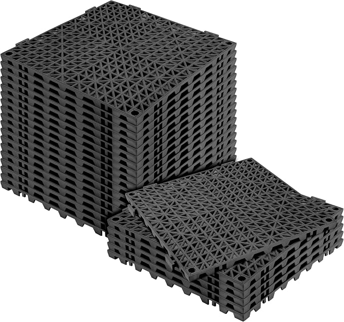 Modular Interlocking Cushion 24 Pack 11.8" x 11.8" Rubber Floor Tiles Non-Slip Splicing Drainage Mats for Deck, Pool, Outdoor Shower, Patio, Balcony, Indoor Bathroom, Kitchen, Yard (Black)