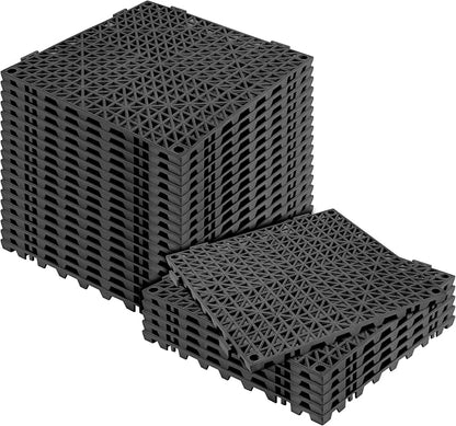 Modular Interlocking Cushion 24 Pack 11.8" x 11.8" Rubber Floor Tiles Non-Slip Splicing Drainage Mats for Deck, Pool, Outdoor Shower, Patio, Balcony, Indoor Bathroom, Kitchen, Yard (Black)