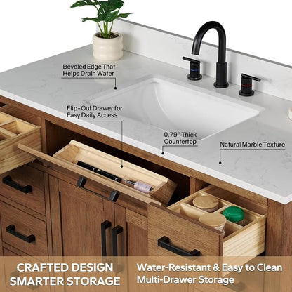 48-inch Dark Walnut Bathroom Vanity with Sink, Solid Wood, 0.79-inch Stone Countertop and Backsplash, 9 Drawers, 2 Soft Closing Doors