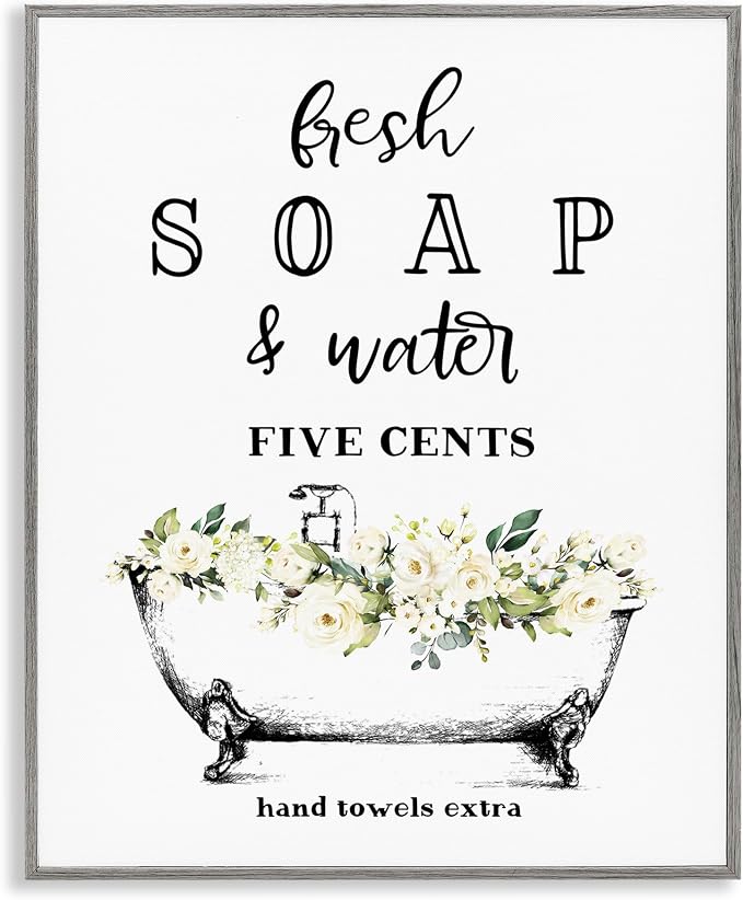 'Fresh Soap & Water Bath Tub'| Framed Giclee Art | Stupell Industries | Gray, 11 x 14 Inches, Easy to Hang and Sturdy, Made in USA, by Lettered and Lined