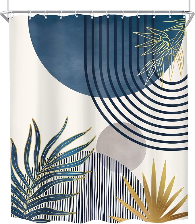 Mid Century Boho Abstract Modern Sun Minimalist Bathroom Shower Curtain Set | 60Wx72L Arch Curve design, waterproof HD print with fast-drying fabric and 12 hooks.