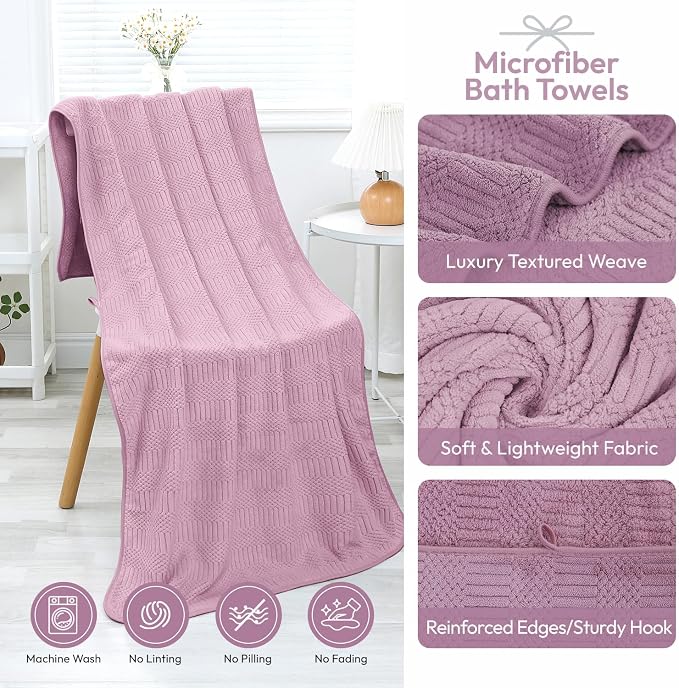 JML Microfiber Bath Towels, 2 Pack, 27x55 in, Purple | Soft, Super Absorbent, Quick Dry, Lint-Free, Lightweight Bathroom Towel with Hanging Loop for Daily Use