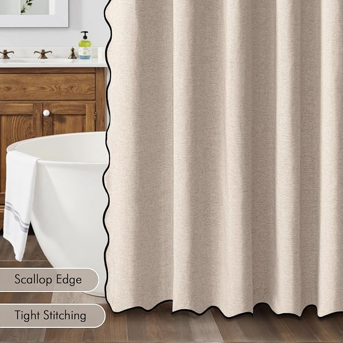 MIULEE 72"x90" Extra Long Scalloped Linen Shower Curtain Beige | Linen Textured, Waterproof, Washable, 12 Metal Hooks, Heavy Duty Cloth, Black Border, Shower Curtain for Bathroom Bathtub