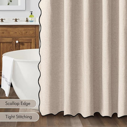 MIULEE 72"x90" Extra Long Scalloped Linen Shower Curtain Beige | Linen Textured, Waterproof, Washable, 12 Metal Hooks, Heavy Duty Cloth, Black Border, Shower Curtain for Bathroom Bathtub
