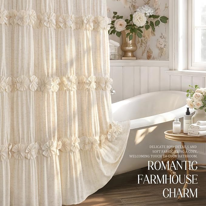 Ruffle Farmhouse Linen Shower Curtain with Vintage Bow 72" W x 72" H | Linen Blend Fabric, Ruffle Bow and Ruffled Hem，Linen Texture，Machine Washable，12 Metal Holes and Plastic Hooks