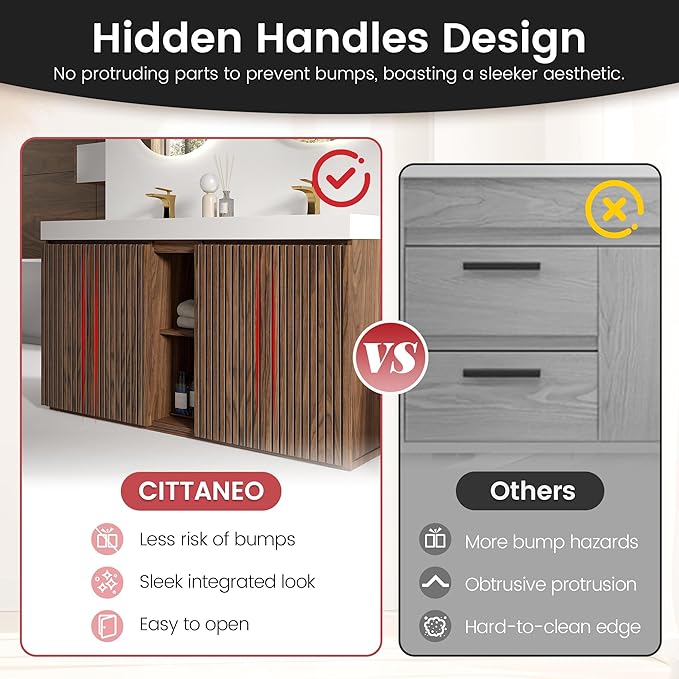 60" Bathroom Vanity with Double Sink, Freestanding Double Sink Bathroom Vanity with White Engineered Stone Top, Open Storage Cabinet & Adjustable Shelf, 4 Soft-Closing Doors, Walnut