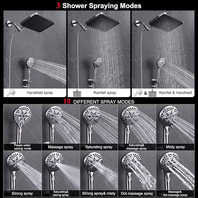 Rainfall Shower Head with Handheld, 14 Inch Rain Shower Head Combo,High Pressure Fixed Showerhead and 10 Spray Settings Handheld Shower Heads,Bathroom Accessories,Chrome