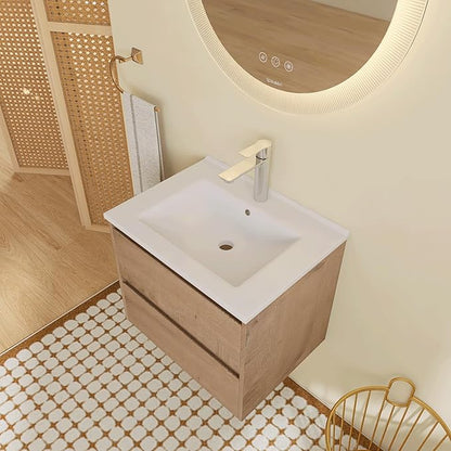 24 inch Floating Bathroom Vanity with Ceramic Sink, 24'' Wall Mounted Cabinet with 2 Soft-Closing Drawers, Space Saving for Small Bathroom, Modern Storage Cabinet, Brown Finish