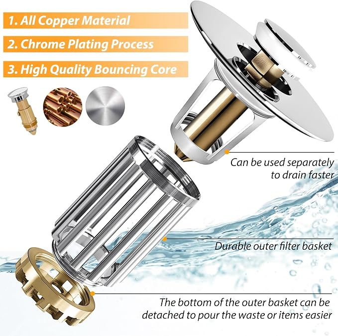 Anlige Bathroom Sink Drain Strainer, 2PCS 3 in 1 Pop Up Bathroom Sink Stopper with Removable Brass Basket Hair Catcher, Universal Sink Plug for 1.06 to 1.6in Drain Hole, Chrome Silver