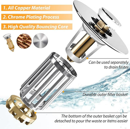 Anlige Bathroom Sink Drain Strainer, 2PCS 3 in 1 Pop Up Bathroom Sink Stopper with Removable Brass Basket Hair Catcher, Universal Sink Plug for 1.06 to 1.6in Drain Hole, Chrome Silver