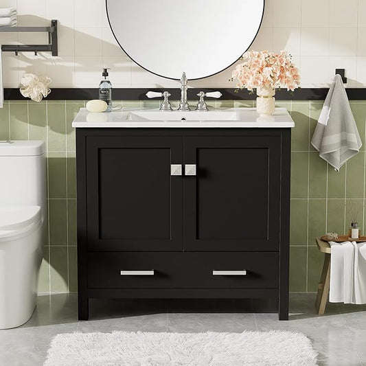 Favfurish 36" Black Bathroom Vanity with Ceramic Sink,Modern Bathroom Vanity Cabinet w/Soft Close Doors and Deep Drawer,Stylish Bath Storage Solution w/Divided Drawer,Easy Assembly,Black