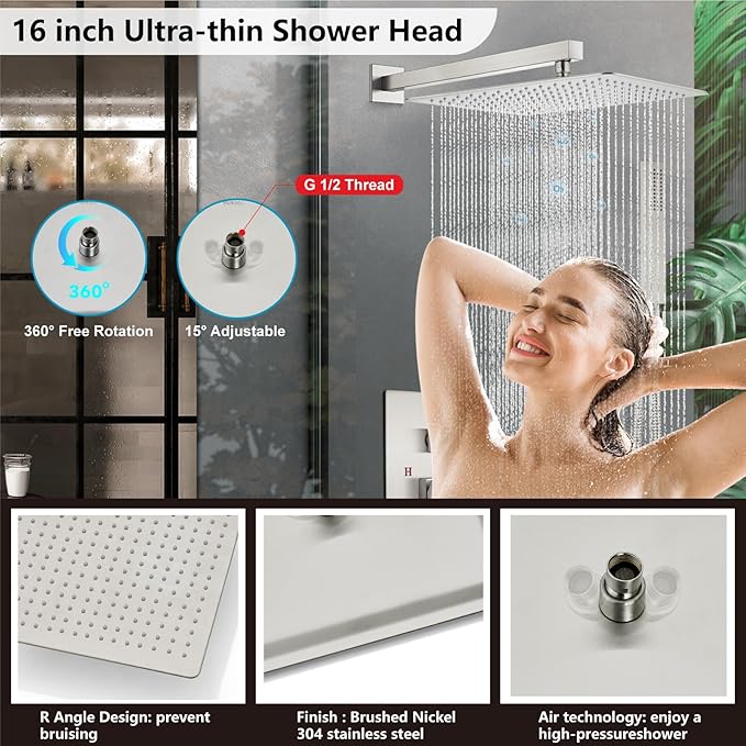 Midanya Shower Faucet Set,Wall Mount Shower System with Square Rain Shower Head and Hand Sprayer, Rough-in Valve Body and Trim Kit Included,16 Inch,Brushed Nichel