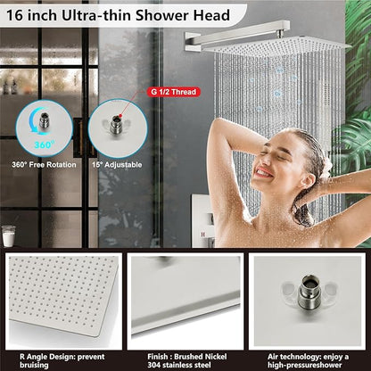 Midanya Shower Faucet Set,Wall Mount Shower System with Square Rain Shower Head and Hand Sprayer, Rough-in Valve Body and Trim Kit Included,16 Inch,Brushed Nichel