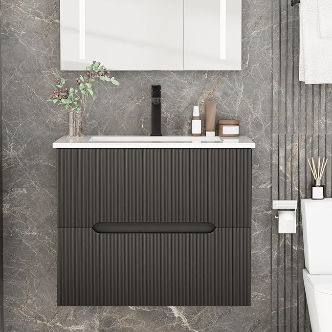 EROMMY 24 Inch Bathroom Vanity with Sink, Floating Bathroom Vanity with Ceramic Basin, Wall Mounted Bathroom Sink Cabinet Set with Soft-Close 2 Drawers, Faucet & Pop Up Drain, Black