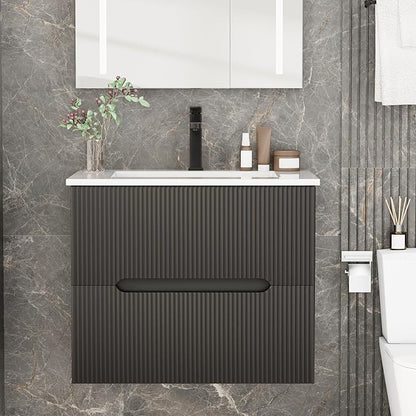 EROMMY 24 Inch Bathroom Vanity with Sink, Floating Bathroom Vanity with Ceramic Basin, Wall Mounted Bathroom Sink Cabinet Set with Soft-Close 2 Drawers, Faucet & Pop Up Drain, Black