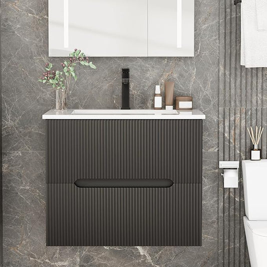 EROMMY 24 Inch Bathroom Vanity with Sink, Floating Bathroom Vanity with Ceramic Basin, Wall Mounted Bathroom Sink Cabinet Set with Soft-Close 2 Drawers, Faucet & Pop Up Drain, Black