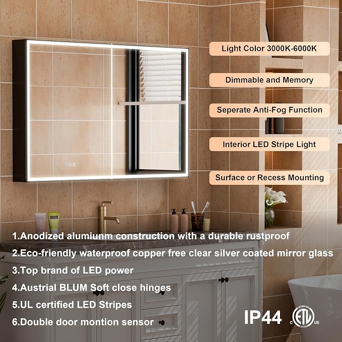 48" X 30" LED Mirrored Medicine Cabinet, Medicine Cabinets with Lights for Bathroom, Defogging Function Mirror Cabinet, Bathroom Medicine Cabinet with USB Port & Outlet, Double Opening Doors