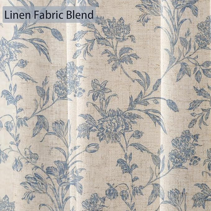 WOUVMA Blue Shower Curtain Floral Cotton Linen Cottagecore Shower Curtain for Bathroom 72" L x 60" W