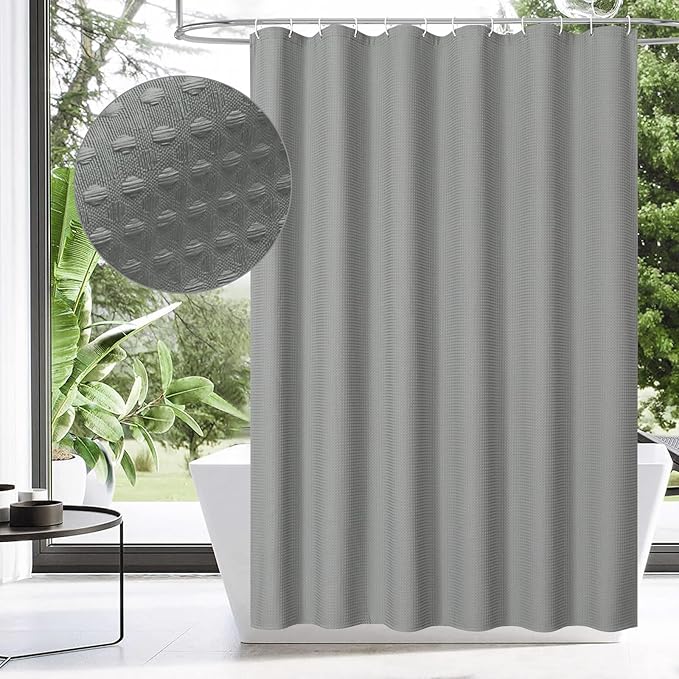 MitoVilla Grey Waffle Heavy Fabric Shower Curtains, Waffle Weave Weighted Hotel Cloth Shower Curtain for Modern Neutral Bathroom Decor, Waterproof & Wrinkle Resistant, 72 x 72