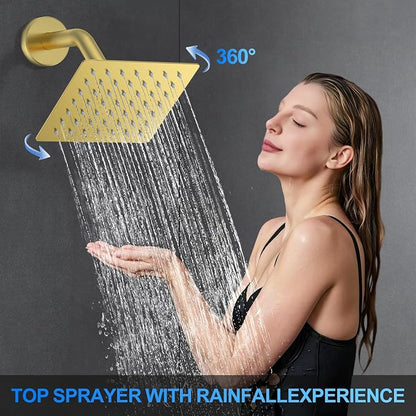 Woindo Shower Faucet Set, 10" Wall Mount Rainfall Shower System with 2 Rain Shower Head and Multi-function Handheld Head Push Button Diverter Shower Faucet Trim Kit