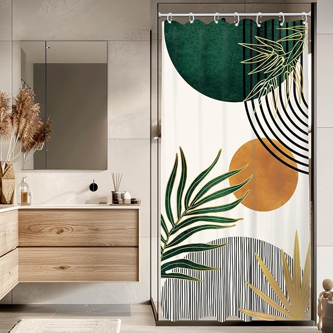 KOMLLEX Small Stall Mid Century Green Boho Half Bathroom Shower Curtain Set | 36Wx72L Abstract S design, waterproof HD print with fast-drying fabric and 12 hooks.