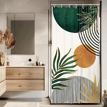 KOMLLEX Small Stall Mid Century Green Boho Half Bathroom Shower Curtain Set | 36Wx72L Abstract S design, waterproof HD print with fast-drying fabric and 12 hooks.