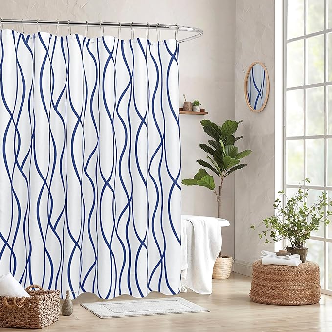 Fabric Modern Extra Long Shower Curtains for Bathroom-Navy and White | 72"W x 84"L Textured Faux Linen Luxury Hotel Quality Washable-Abstract Wavy Cloth Bath Curtain-Apartment Minimalist Decor