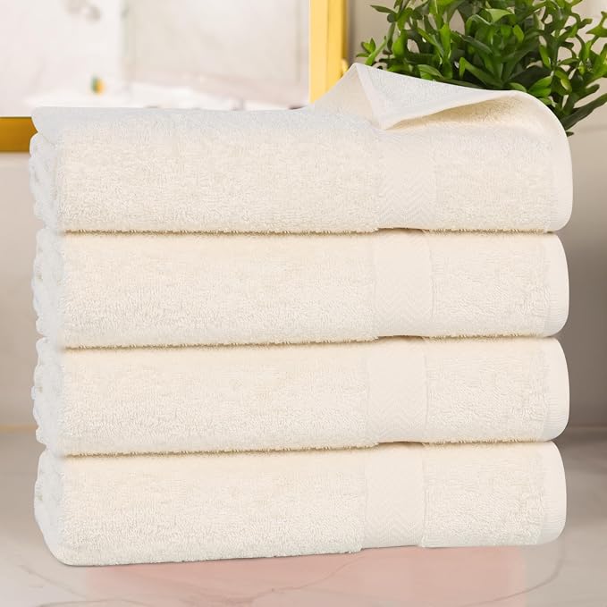SUPERIOR 4-Piece Cotton Bath Towel Set, Towels for Adults, Kids, Fast Drying Body Towels, Shower, Bath, Pool, Guest/Master Bathroom Essentials, Dorm, Home, Apartment, Franklin Collection, Ivory