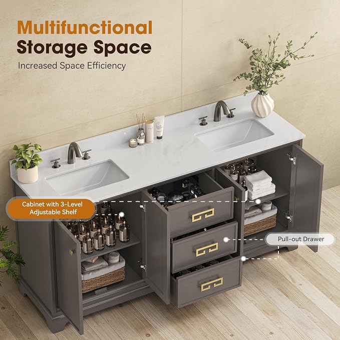 72 Inch Double Sink Bathroom Vanity, Dark Walnut | Fully Assembled Bathroom Sink Cabinet, Marble Countertop & Backsplash, Soft Closing 4 Doors & 3 Drawers, Adjustable Shelves